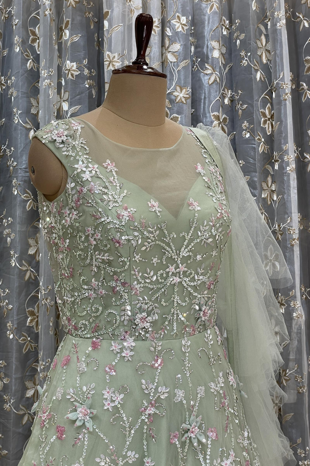 Pastel Green Sequins and Stone work Bridal and Partywear Gown - Seasons Chennai