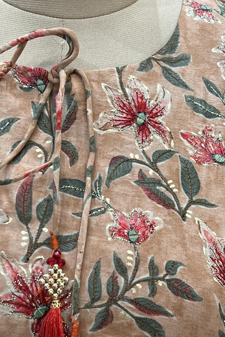Rust Floral Print and Zari work Anarkali Long Kurti - Seasons Chennai