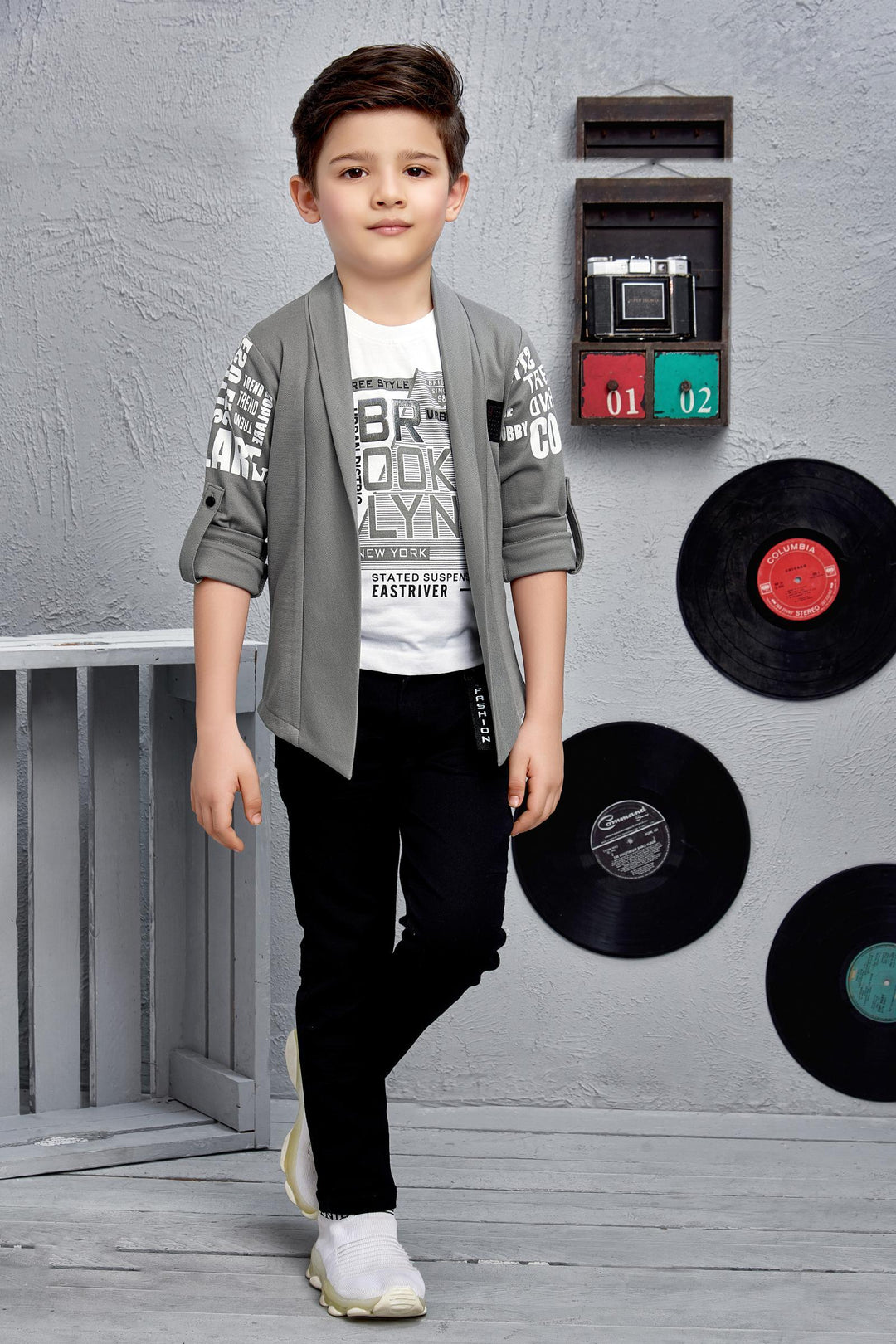 Grey Blazer with White T-Shirt and Black Pant Set for Boys - 1