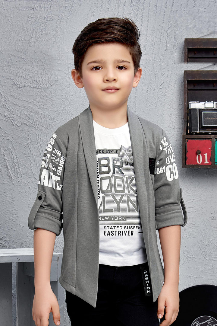 Grey Blazer with White T-Shirt and Black Pant Set for Boys - 2
