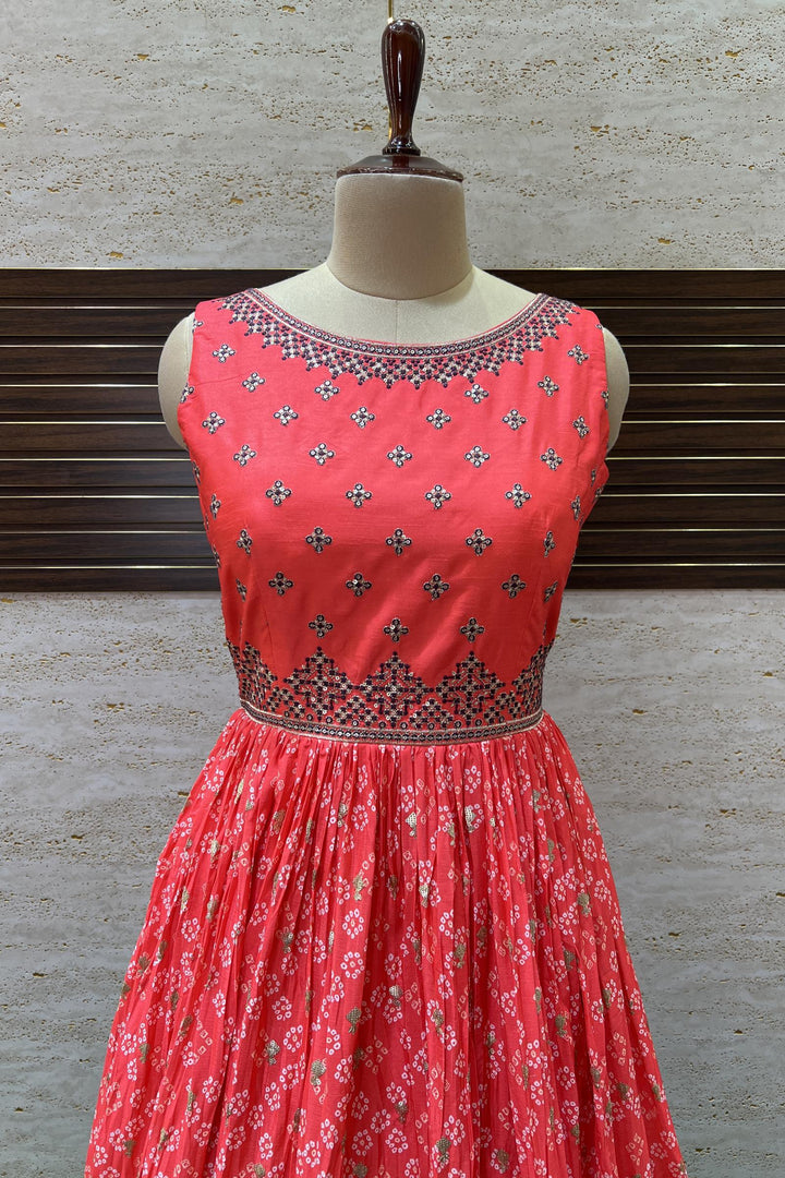 Fluorescent Pink with Dark Wine Shaded Sequins and Zari work with Bandini Print Anarkali Suit - Seasons Chennai