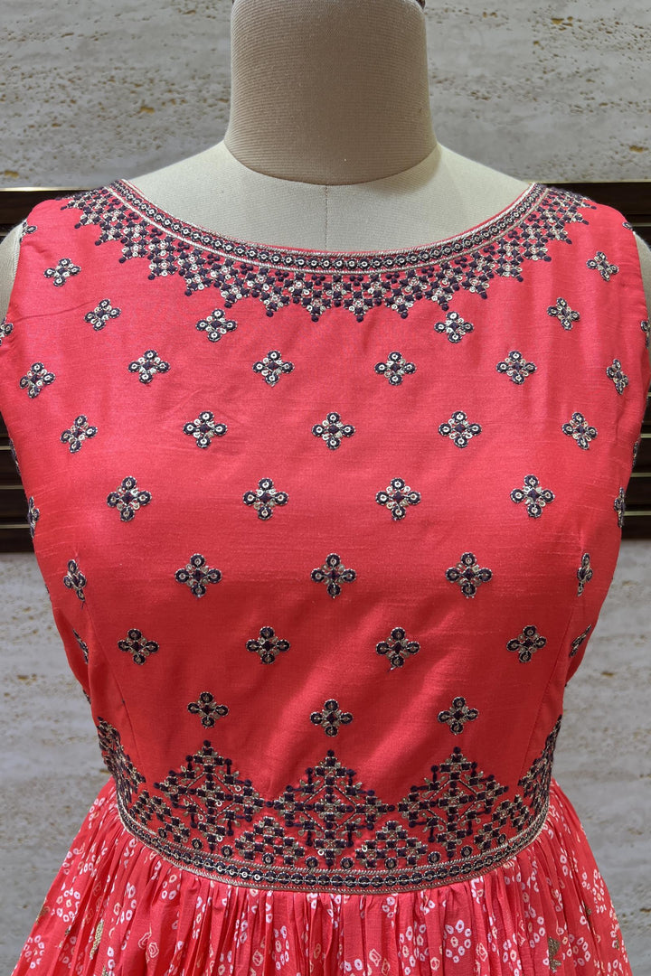 Fluorescent Pink with Dark Wine Shaded Sequins and Zari work with Bandini Print Anarkali Suit - Seasons Chennai