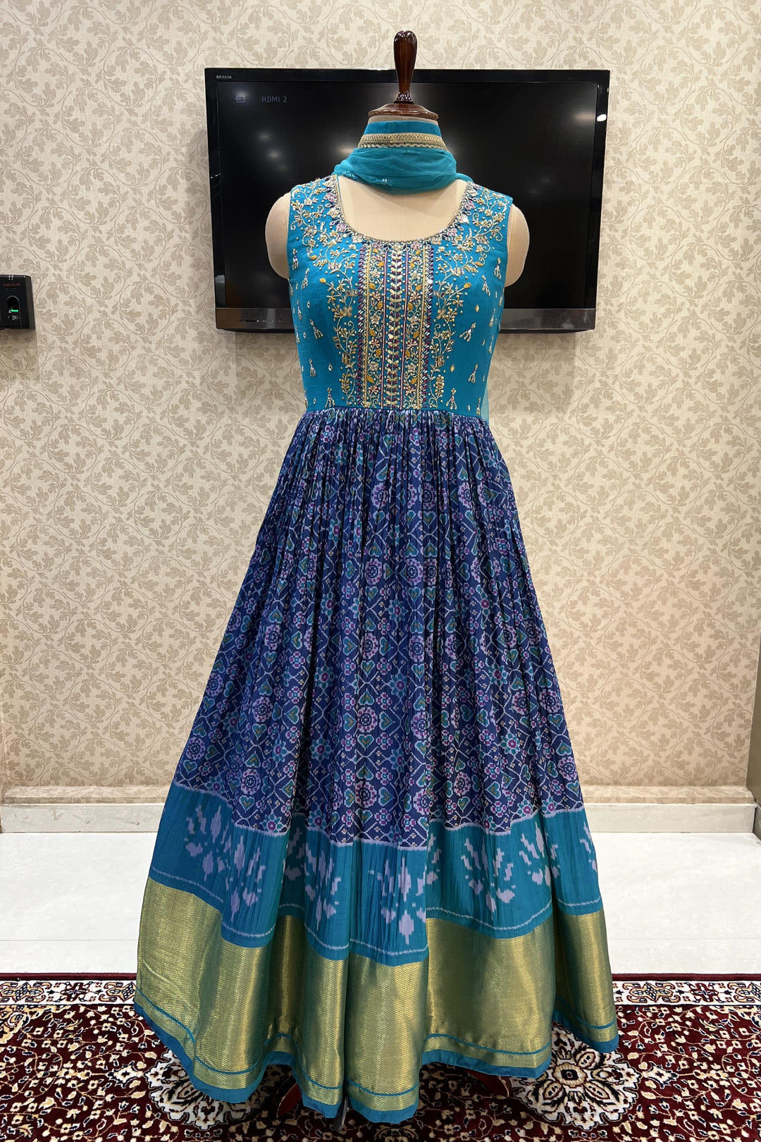 Rama and Royal Blue Stone, Zardozi and Kundan Work with Patola Print Anarkali Suit - Seasons Chennai