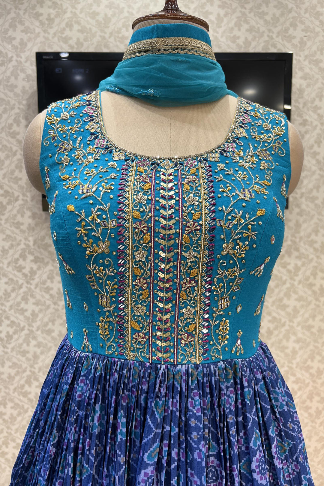 Rama and Royal Blue Stone, Zardozi and Kundan Work with Patola Print Anarkali Suit - Seasons Chennai