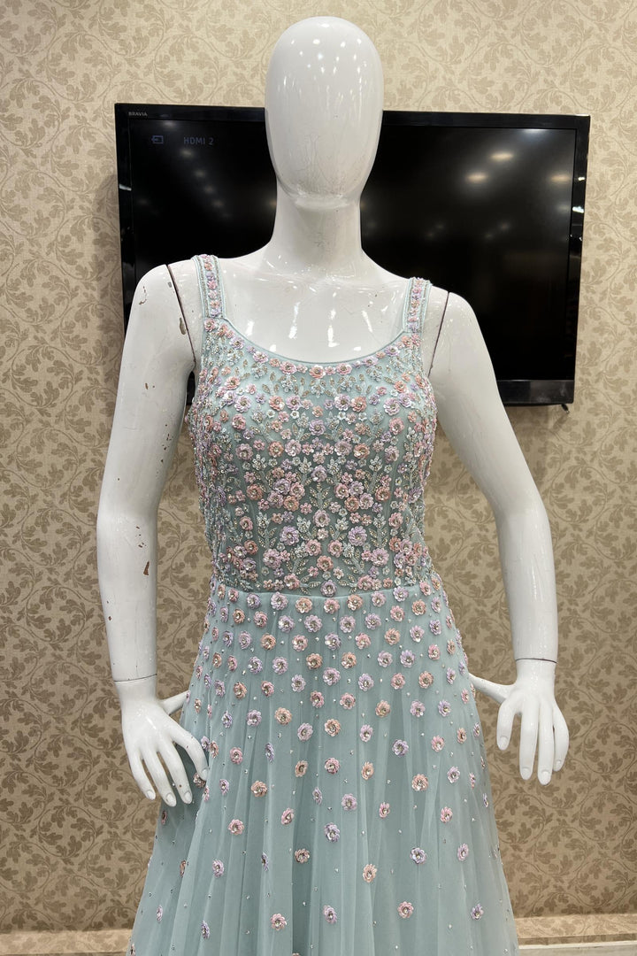 Sky Blue Sequins, Beads and Stone work Bridal and Partywear Gown - Seasons Chennai