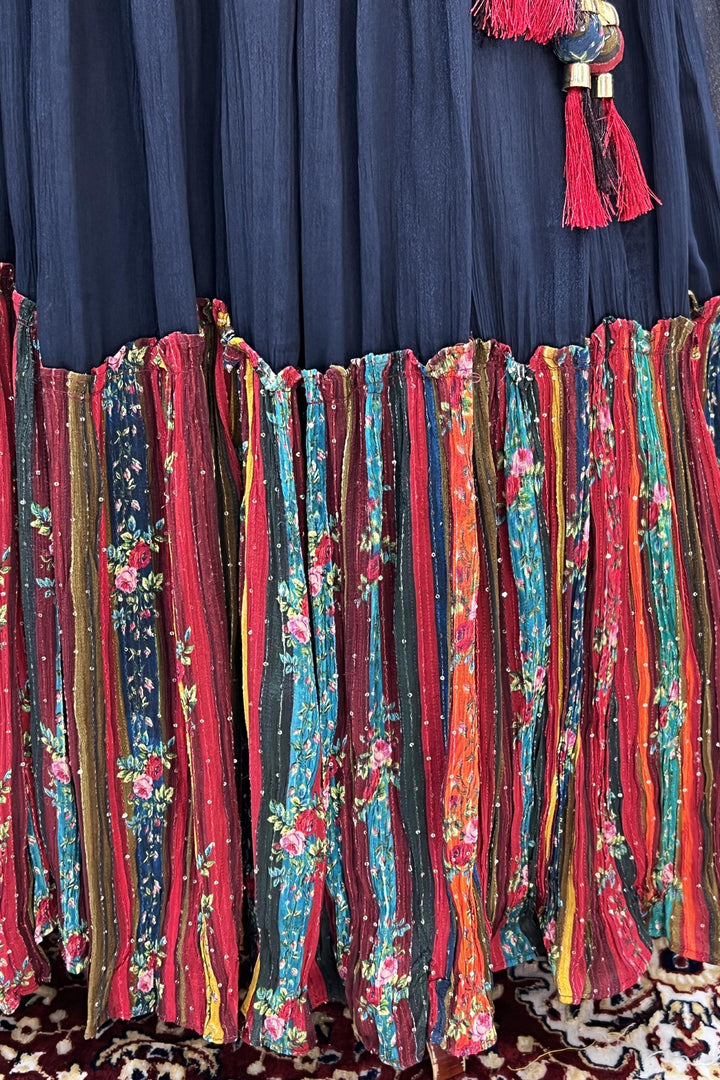 Navy Blue with Multicolor Sequins, Thread, Stone, Mirror and Zardozi work Peplum Style Lehenga - Seasons Chennai