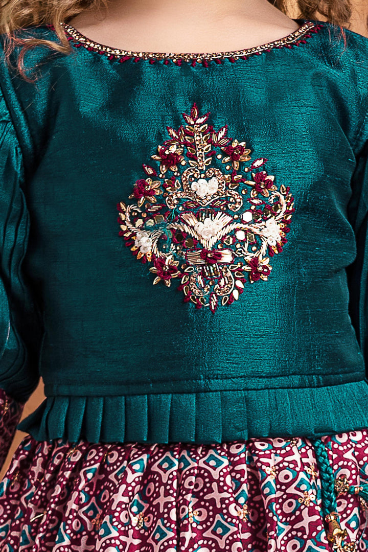 Peacock Blue with Maroon Ikat Print, Stone, Zardozi and Thread work Lehenga Choli for Girls - Seasons Chennai