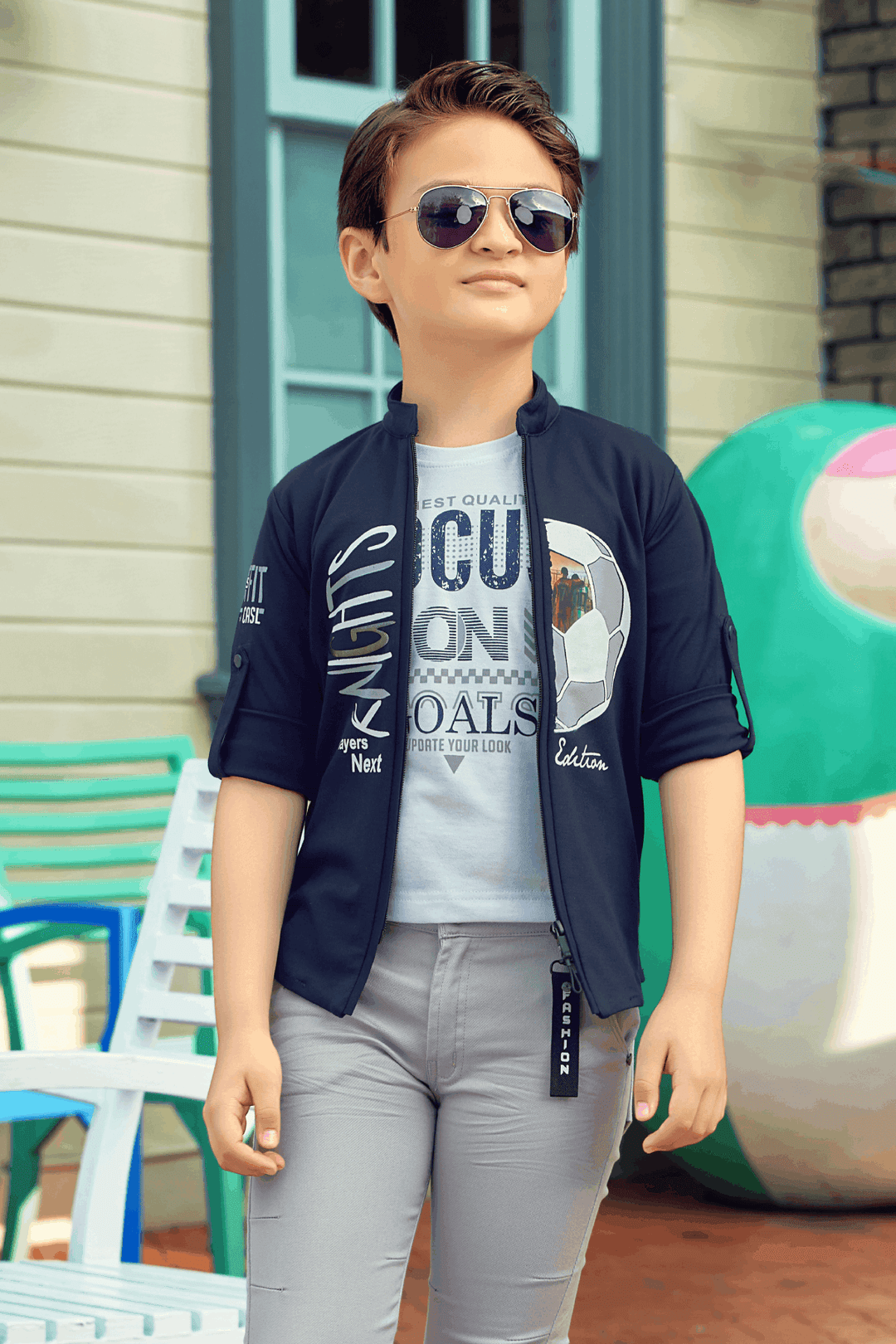 Navy Blue Blazer with White T-Shirt and Grey Pant Set for Boys with Belt - Seasons Chennai
