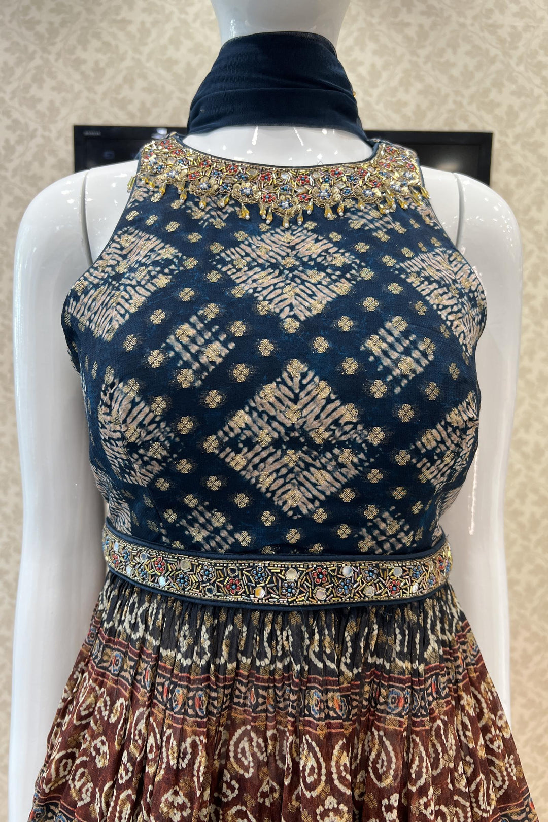 Peacock Blue Banaras, Beads, Zardozi and Pearl work Peplum Top with Palazzo Suit Set - Seasons Chennai