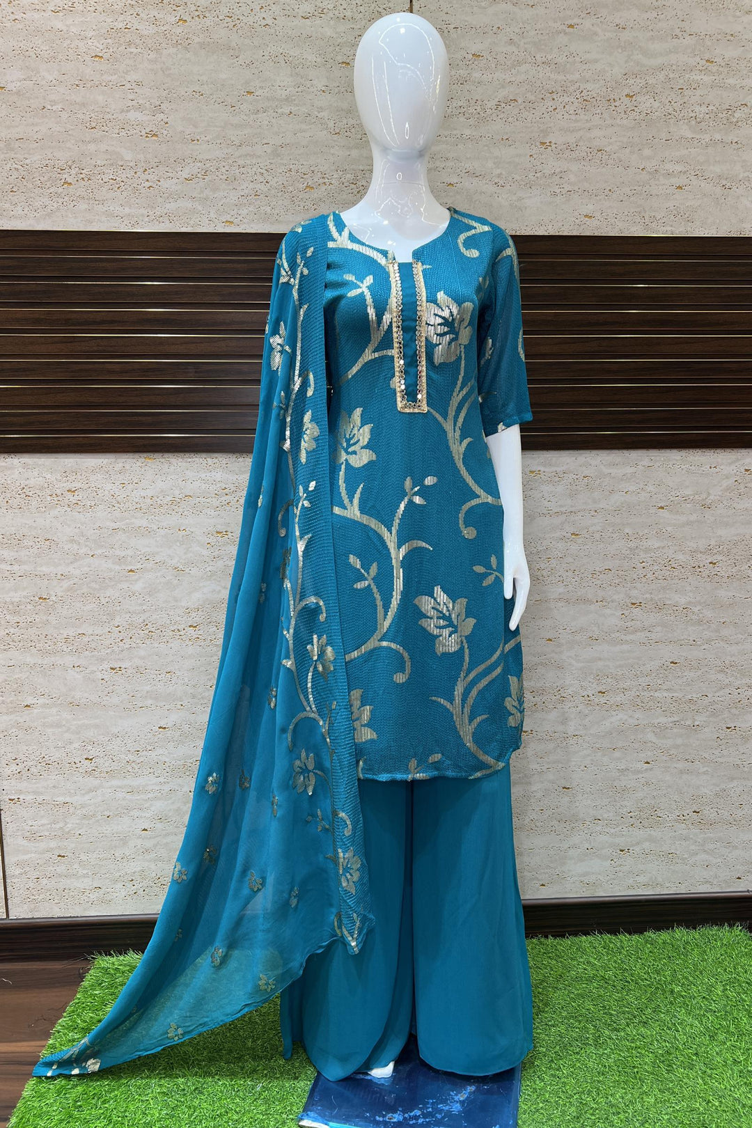 Rama Blue Sequins and Thread work Salwar Suit with Palazzo Pants - Seasons Chennai