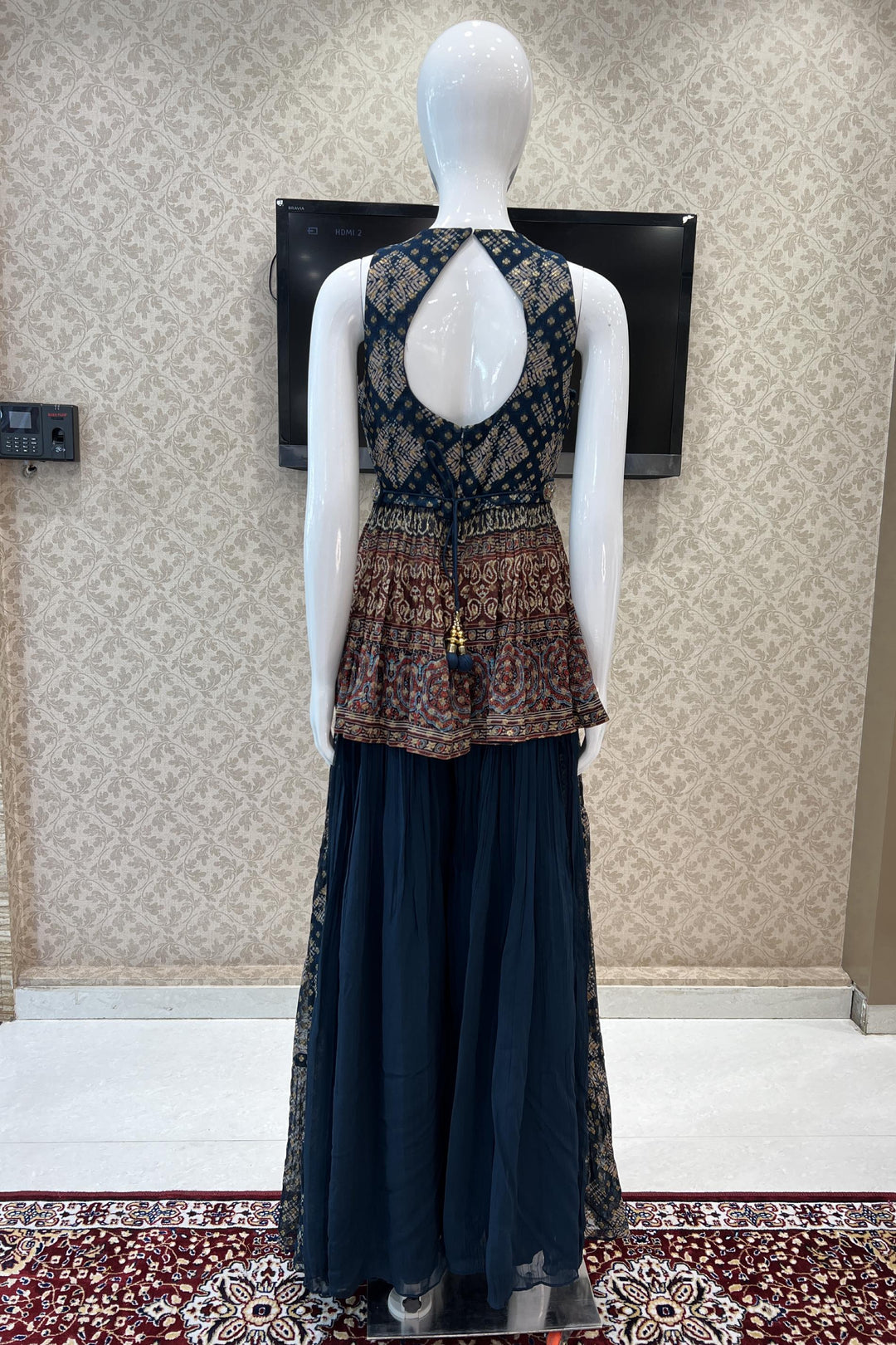 Peacock Blue Banaras, Beads, Zardozi and Pearl work Peplum Top with Palazzo Suit Set - Seasons Chennai
