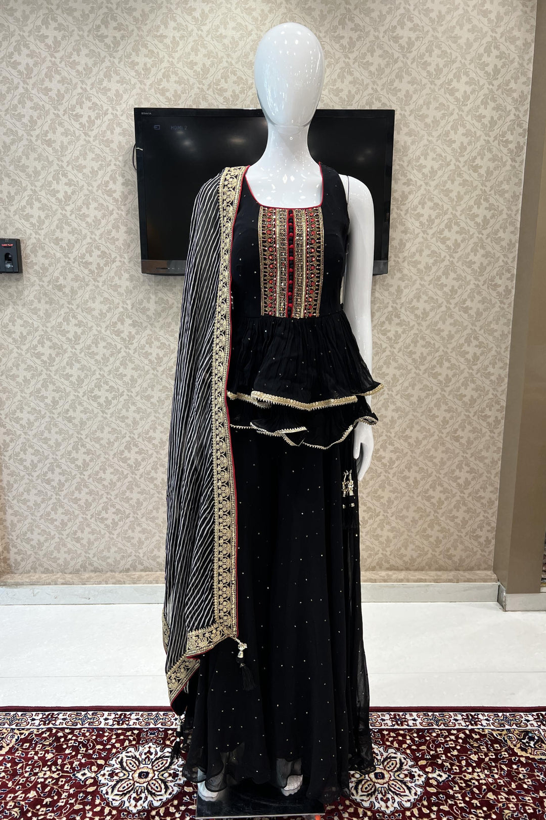 Black Stone, Mirror, Sequins, Zari and Thread work Peplum Top with Palazzo Suit Set - Seasons Chennai