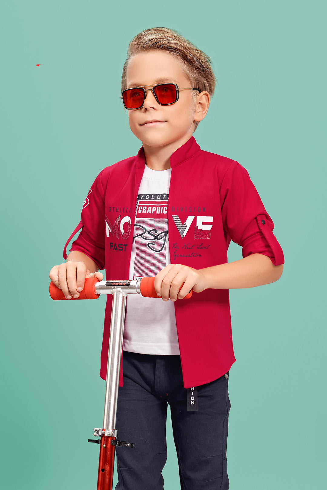 Red Blazer with White T-Shirt and Navy Blue Pant Set for Boys with Belt - Seasons Chennai