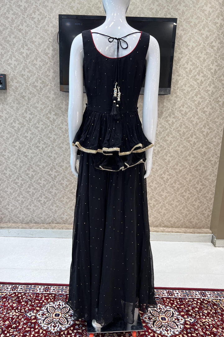 Black Stone, Mirror, Sequins, Zari and Thread work Peplum Top with Palazzo Suit Set - Seasons Chennai