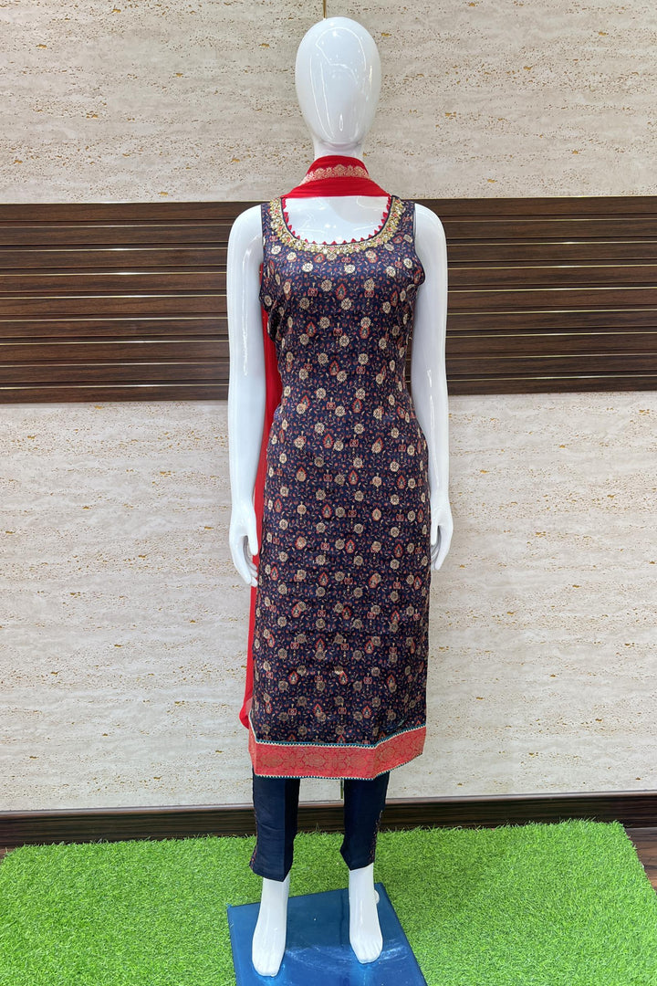 Navy Blue Beads, Stone and Mirror work with Multicolor Floral Print Straight Cut Salwar Suit - Seasons Chennai