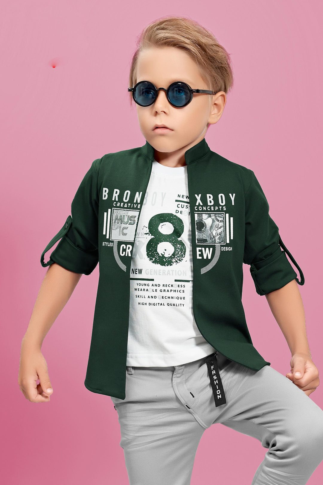 Bottle Green Blazer with White T-Shirt and Grey Pant Set for Boys with Belt - Seasons Chennai
