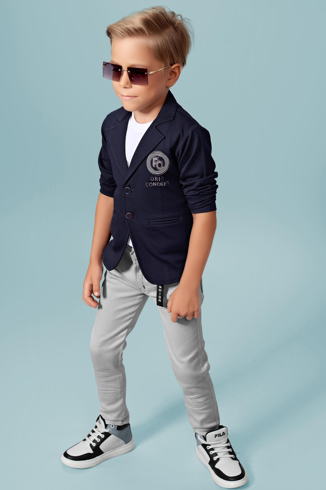White and Grey with Navy Blue Waist Coat and Set for Boys with Belt - Seasons Chennai