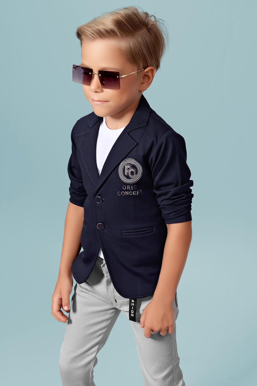 White and Grey with Navy Blue Waist Coat and Set for Boys with Belt - Seasons Chennai