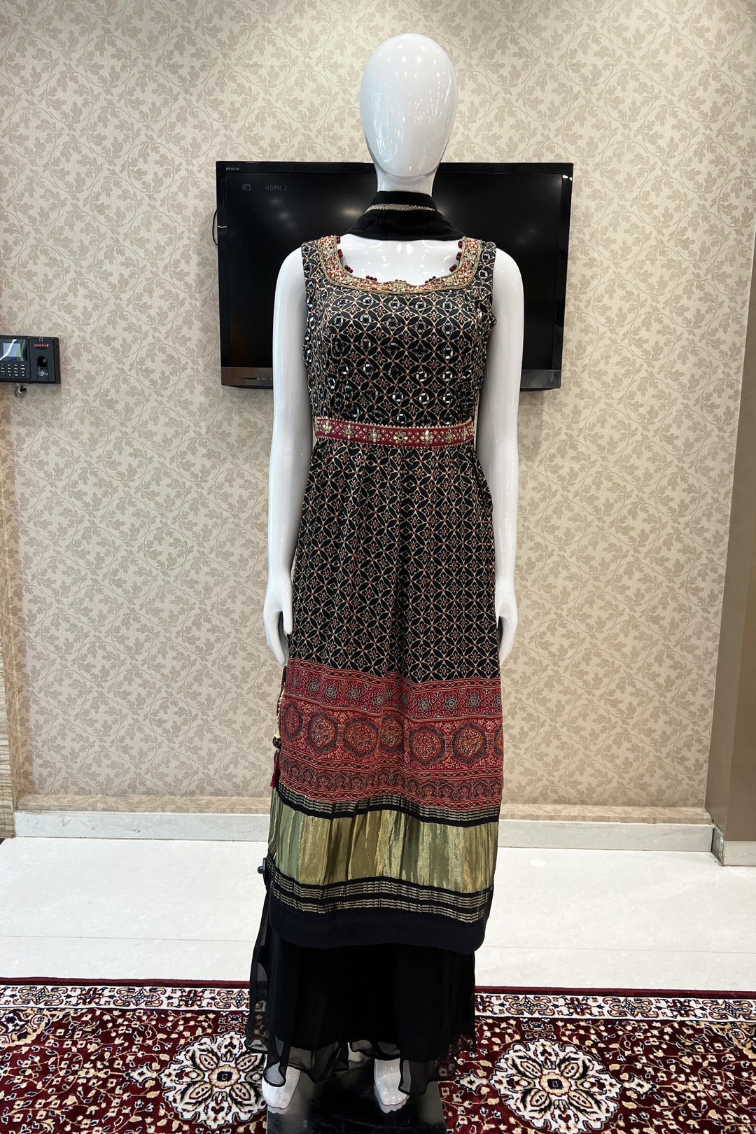 Black Digital Print, Mirror, Pearl and Zardozi work Salwar Suit with Palazzo Pants with Belt - Seasons Chennai