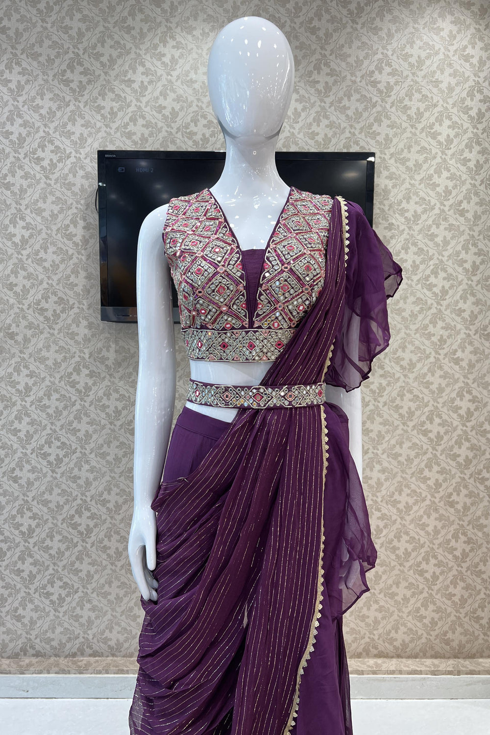 Wine Mirror, Sequins, Zari and Thread work Crop Top Sharara Set with Belt - Seasons Chennai