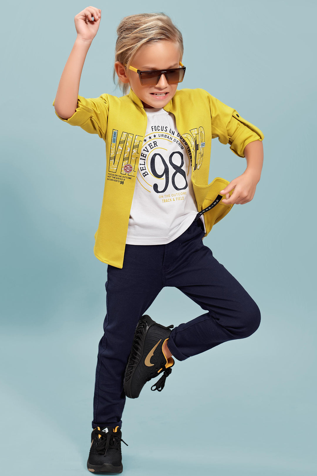 White and Mustard with Navy Blue Waist Coat and Set for Boys with Belt - Seasons Chennai