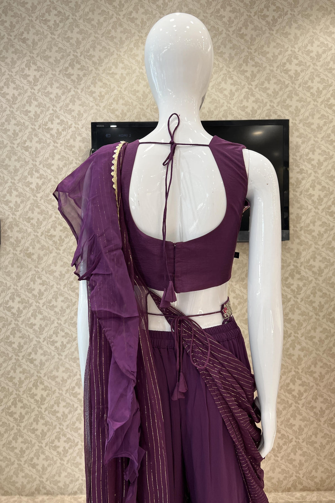 Wine Mirror, Sequins, Zari and Thread work Crop Top Sharara Set with Belt - Seasons Chennai