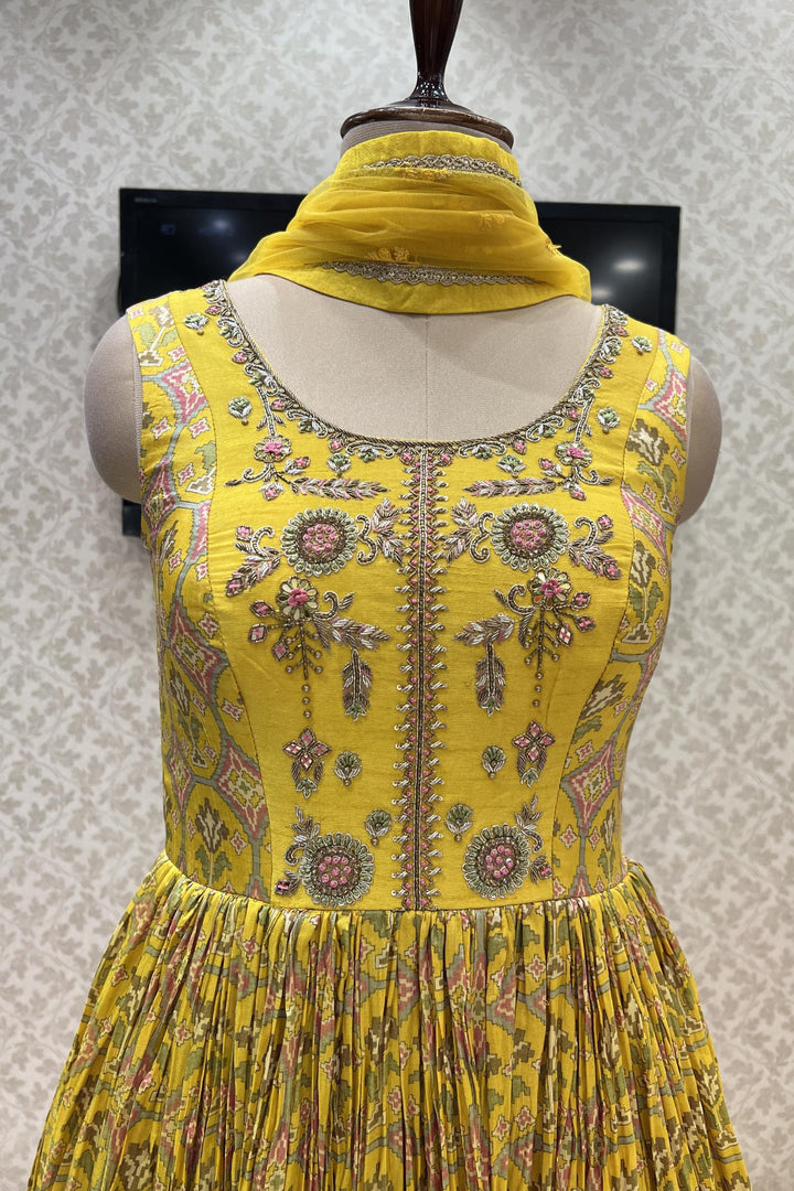 Yellow Thread, Zardozi, Beads and Mirror work with Patola Print Floor Length Anarkali Suit - Seasons Chennai