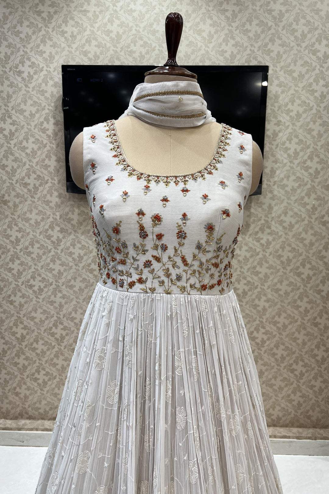 Dusty Grey Zardozi, Zari Thread, Sequins and Mirror work Floor Length Anarkali Suit - Seasons Chennai