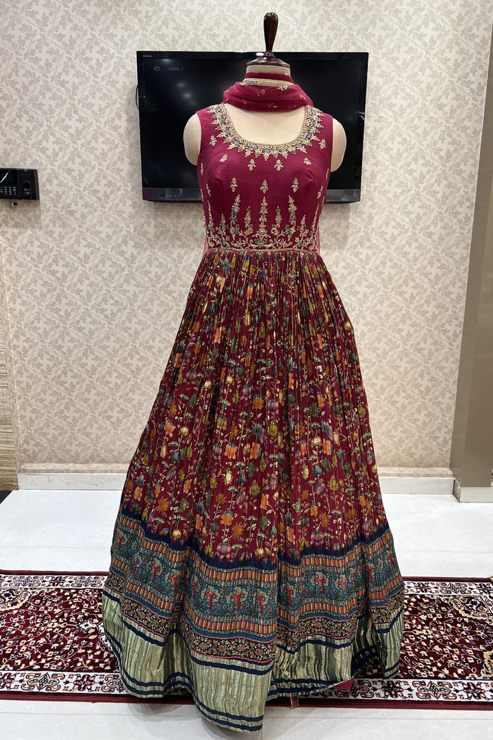Maroon Mirror, Zardozi and Thread work with Floral Print Floor Length Anarkali Suit - Seasons Chennai
