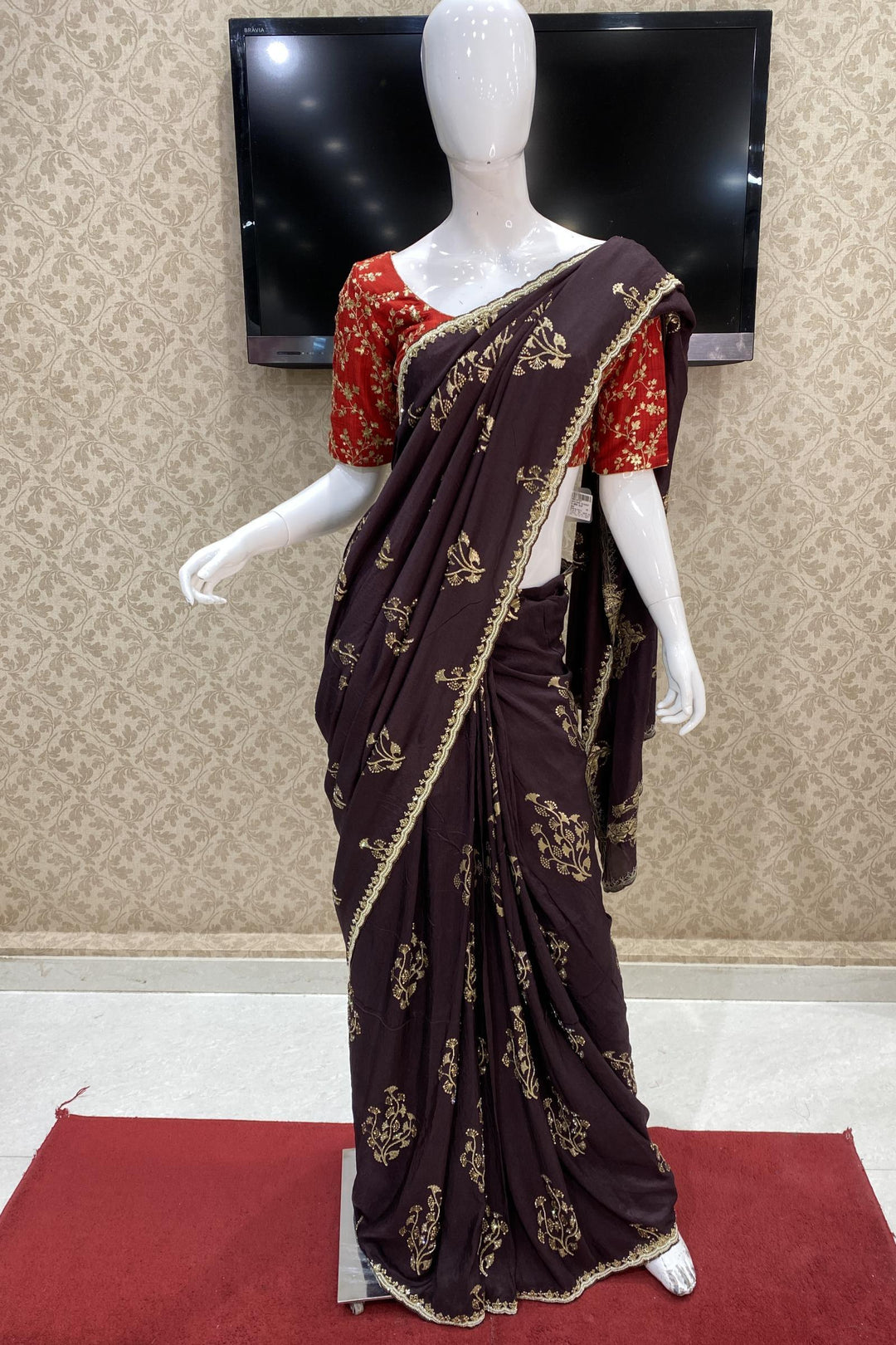 Brown Banarasi Silk Saree with Contrast Readymade Blouse - 1