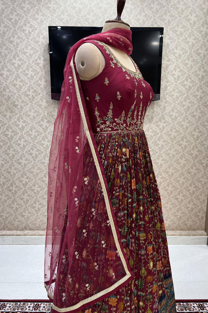 Maroon Mirror, Zardozi and Thread work with Floral Print Floor Length Anarkali Suit - Seasons Chennai