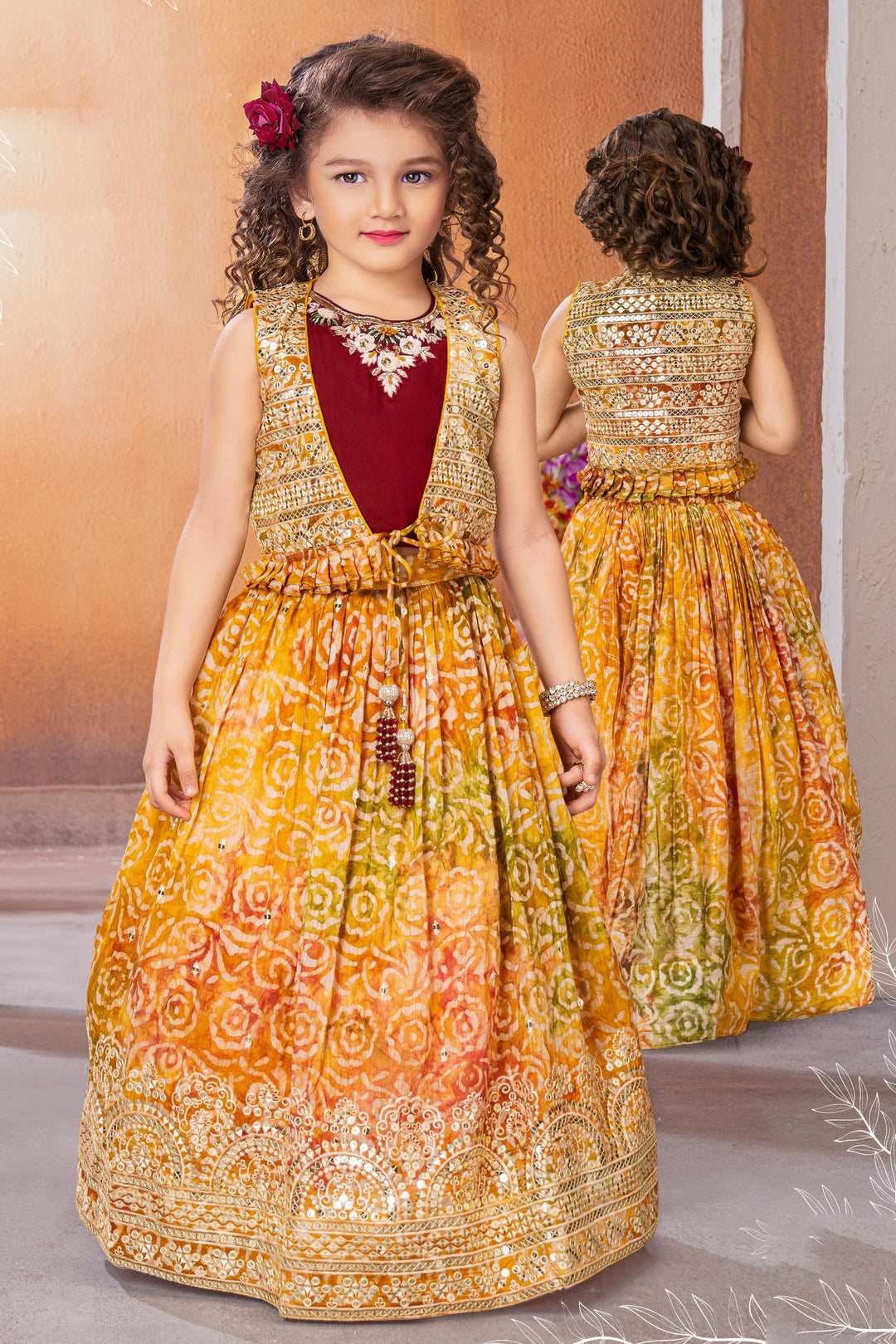 Yellow with Maroon Batik Print Overcoat Styled Lehenga Choli for Girls - Seasons Chennai