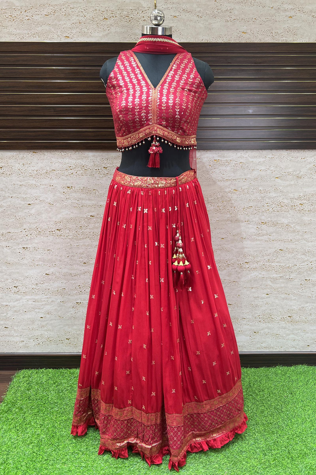 Red Sequins, Thread and Banaras work Crop Top Lehenga - Seasons Chennai