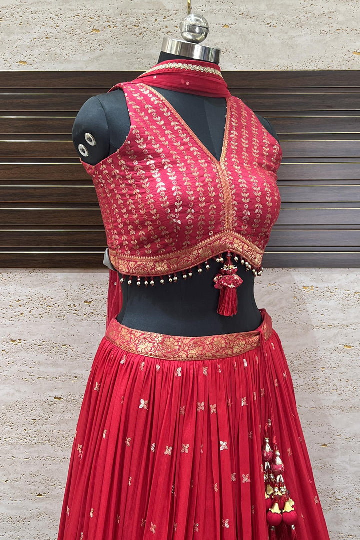 Red Sequins, Thread and Banaras work Crop Top Lehenga - Seasons Chennai