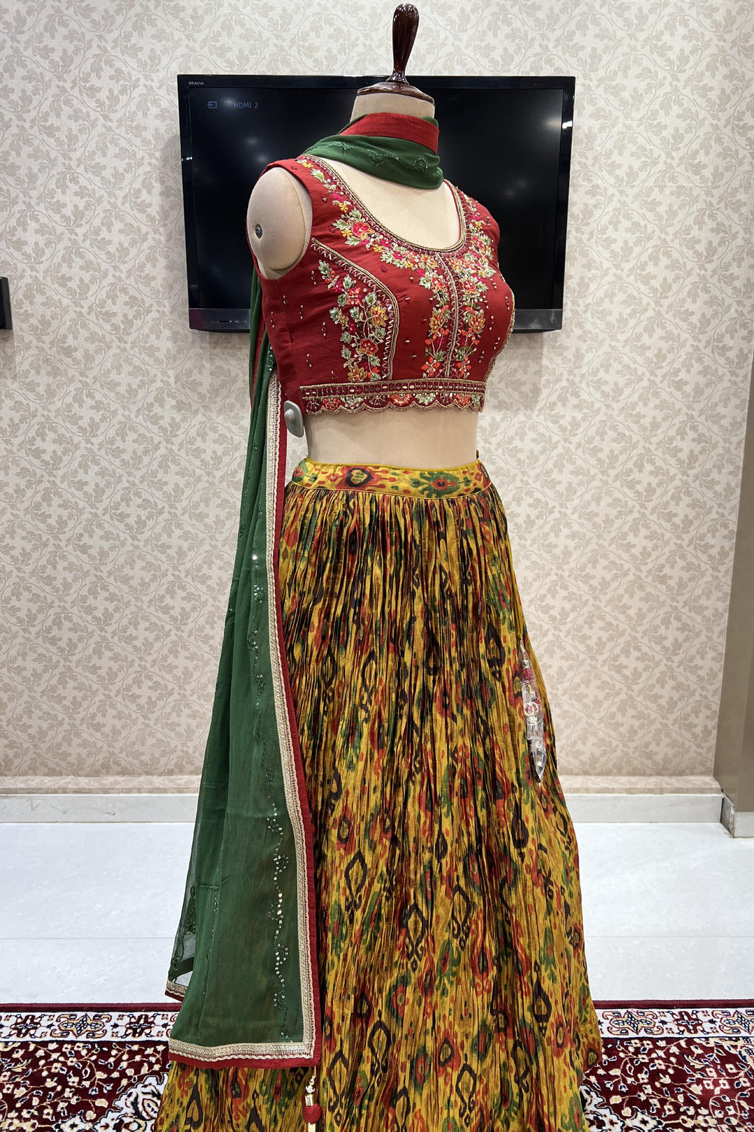 Brick Red with Gold Digital Print, Thread, Mirror, Zardozi and Sequins work Crop Top Lehenga - Seasons Chennai