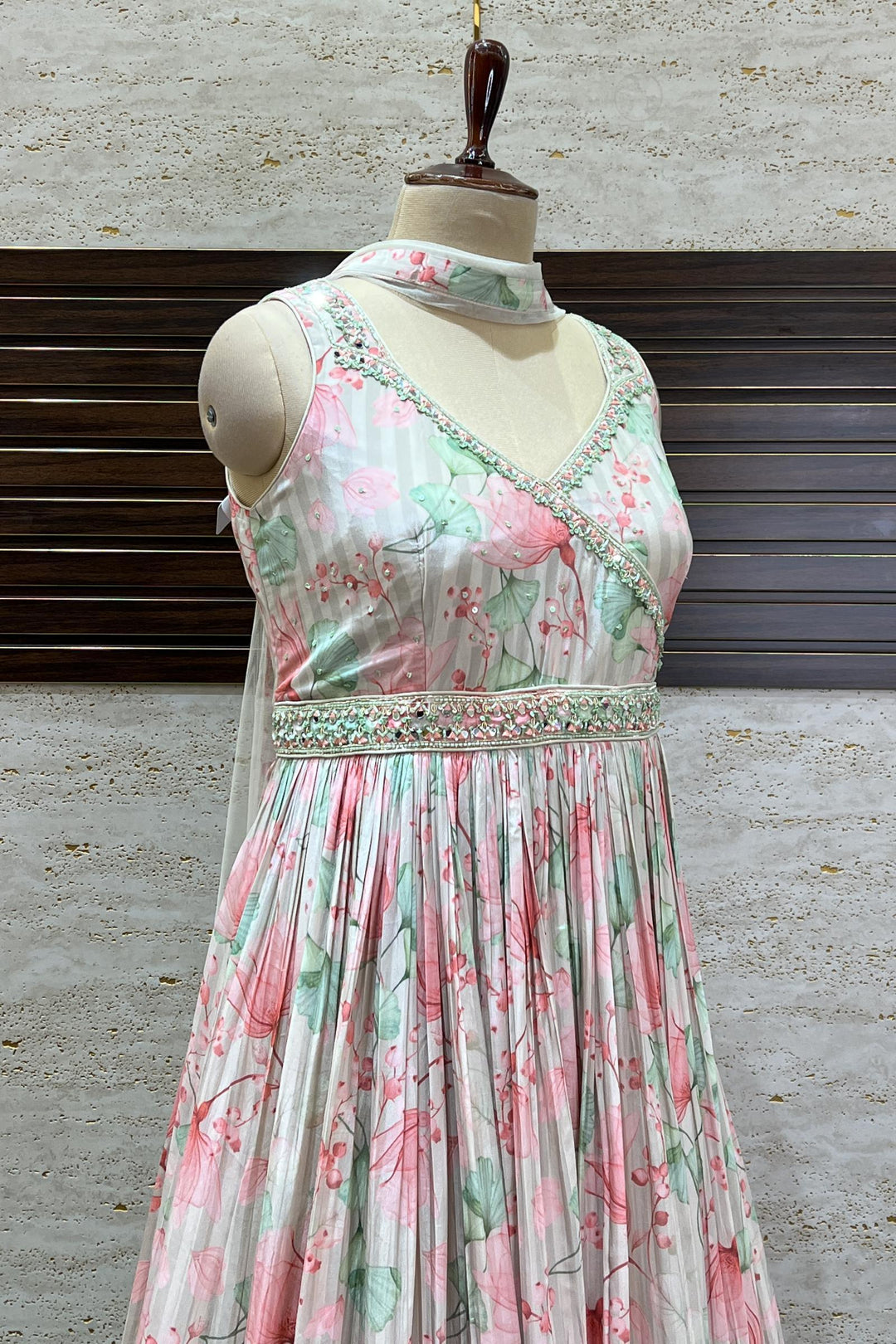 Grey Multicolor Floral Print, Mirror, Sequins and Zardozi work Floor Length Anarkali Suit - Seasons Chennai