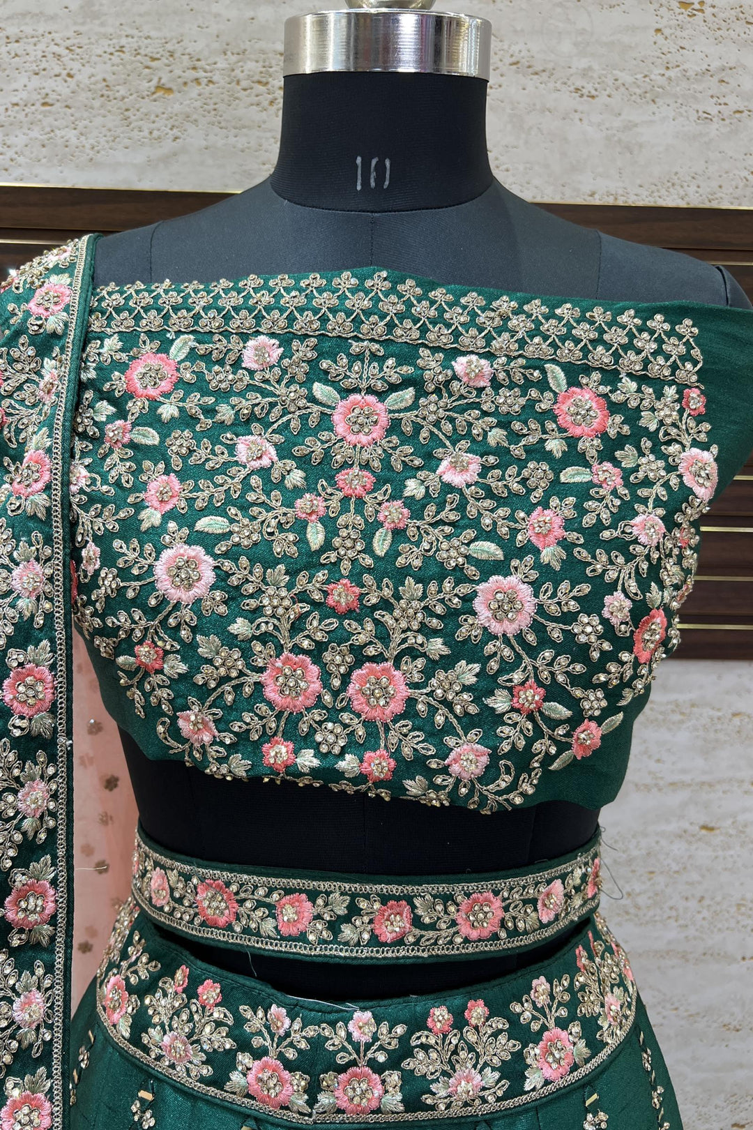 Bottle Green Stone, Embroidery, Mirror and Zari work Semi-Stitched Designer Bridal Lehenga with Belt - Seasons Chennai