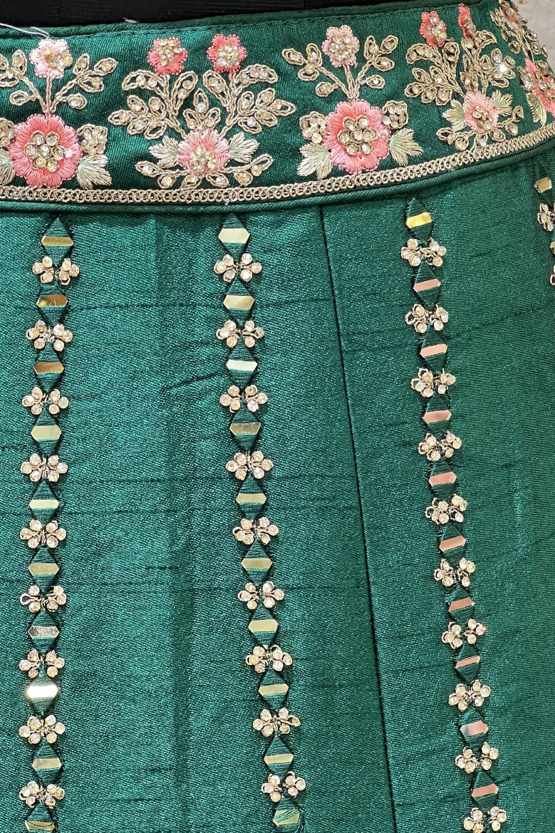 Bottle Green Stone, Embroidery, Mirror and Zari work Semi-Stitched Designer Bridal Lehenga with Belt - Seasons Chennai