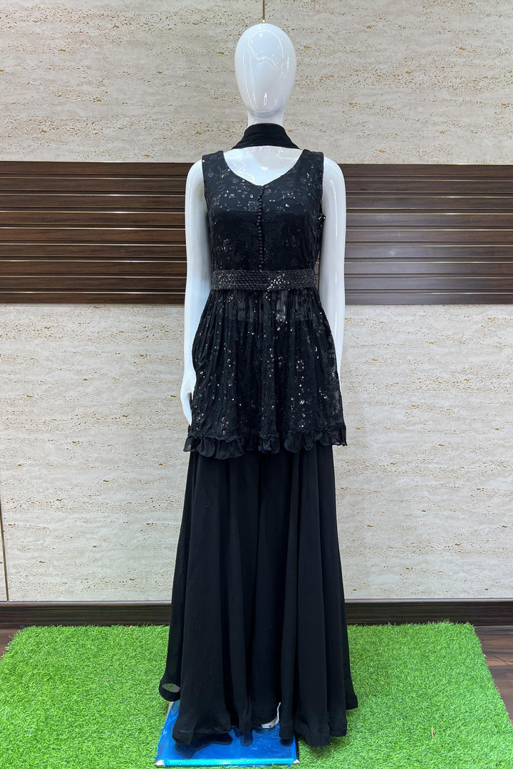 Black Sequins and Thread work Salwar Suit with Palazzo Pants and Belt - Seasons Chennai