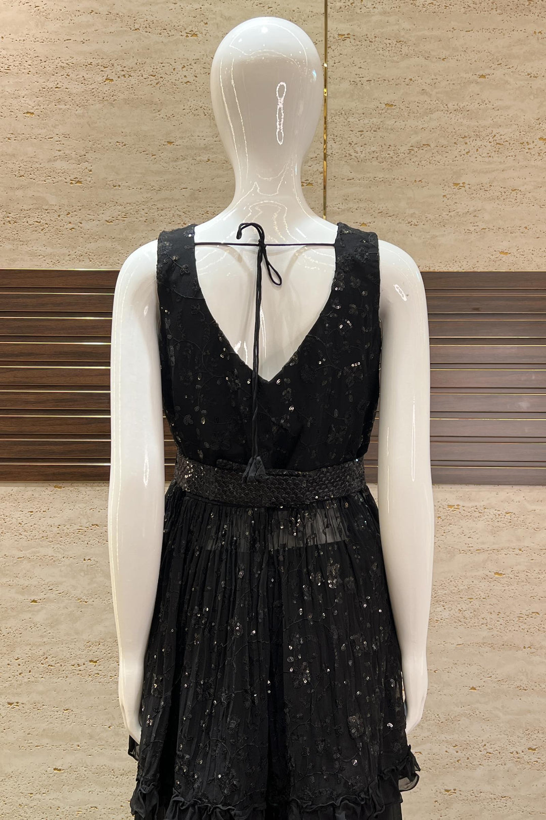 Black Sequins and Thread work Salwar Suit with Palazzo Pants and Belt - Seasons Chennai