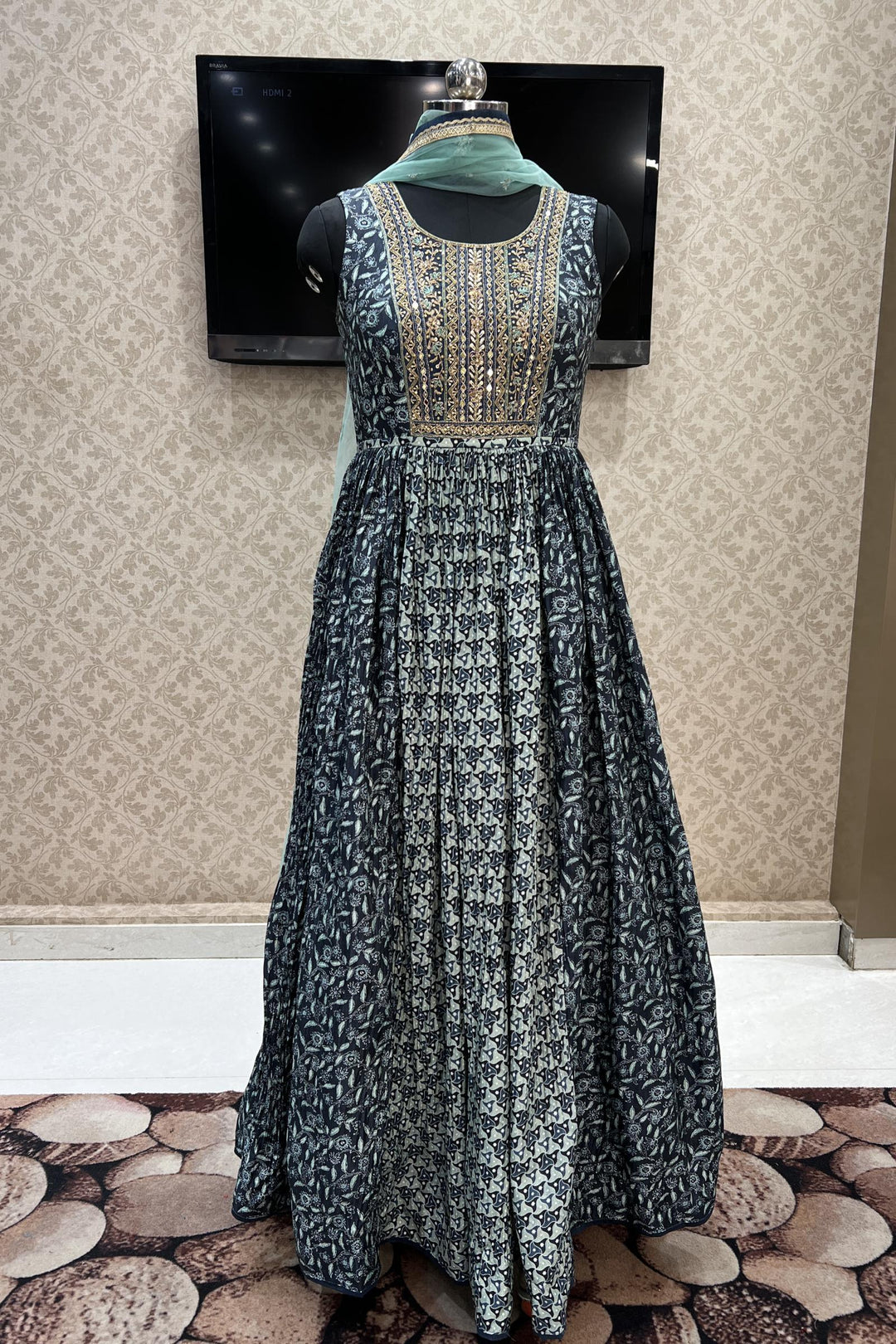 Grey with Green Digital Print, Beads, Stone and Mirror work Floor Length Anarkali Suit - Seasons Chennai