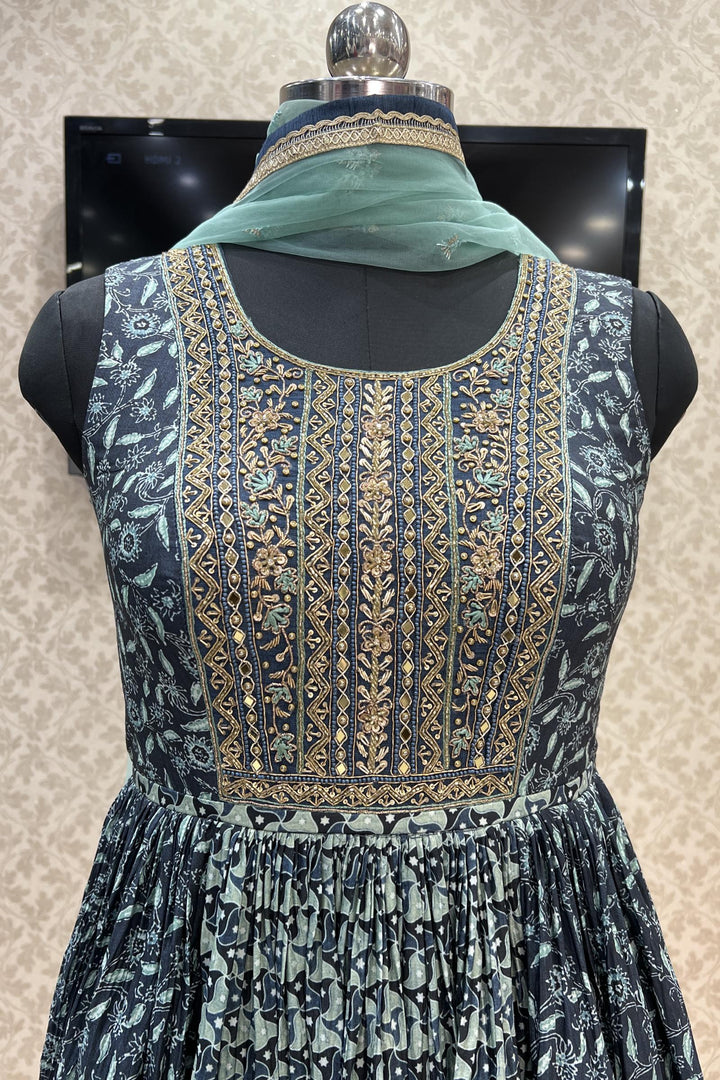 Grey with Green Digital Print, Beads, Stone and Mirror work Floor Length Anarkali Suit - Seasons Chennai