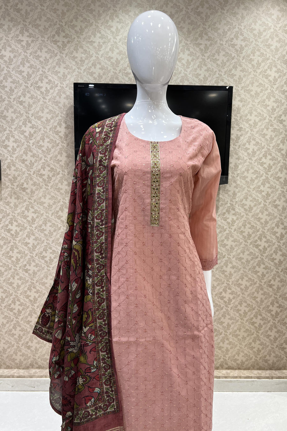 Peach Thread, Sequins and Mirror work Straight Cut Salwar Suit with Floral Print Dupatta - Seasons Chennai