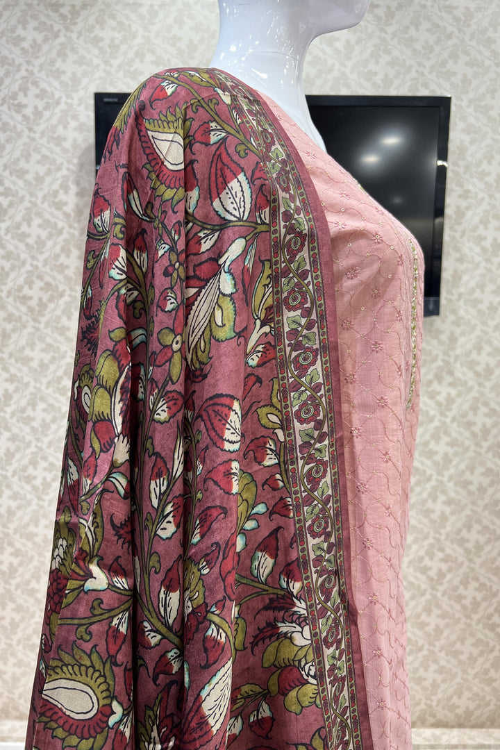 Peach Thread, Sequins and Mirror work Straight Cut Salwar Suit with Floral Print Dupatta - Seasons Chennai