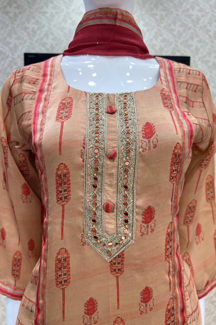 Rust Mirror, Zardozi and Sequins work with Printed Straight Cut Salwar Suit - Seasons Chennai