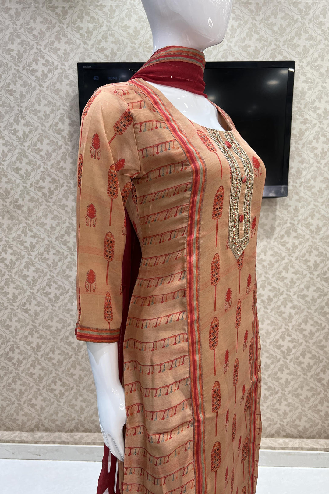 Rust Mirror, Zardozi and Sequins work with Printed Straight Cut Salwar Suit - Seasons Chennai