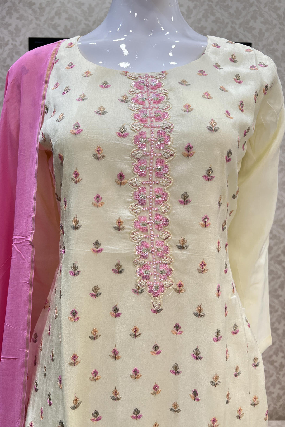 Light Yellow Multicolor Thread, Sequins and Pearl work Straight Cut Salwar Suit - Seasons Chennai