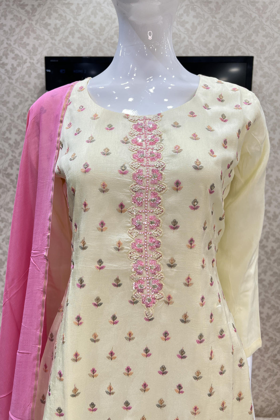 Light Yellow Multicolor Thread, Sequins and Pearl work Straight Cut Salwar Suit - Seasons Chennai