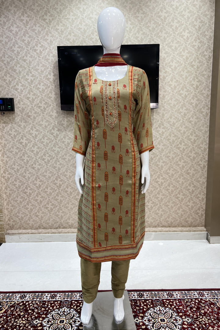 Dusty Green Mirror, Zardozi and Sequins work with Printed Straight Cut Salwar Suit - Seasons Chennai