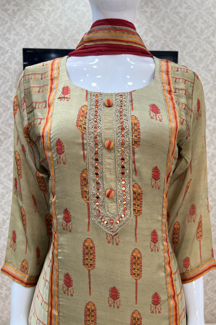 Dusty Green Mirror, Zardozi and Sequins work with Printed Straight Cut Salwar Suit - Seasons Chennai